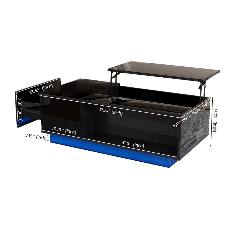 47" LED Lift Top Coffee Table with Charging Station, Hidden Storage & 7-Color Lights, Modern High Gloss Center Table