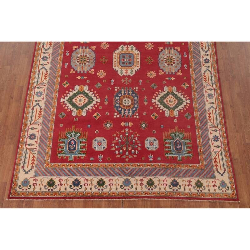 Geometric Red Kazak Area Rug Handmade Oriental Wool Carpet - 6'6" x 9'10"