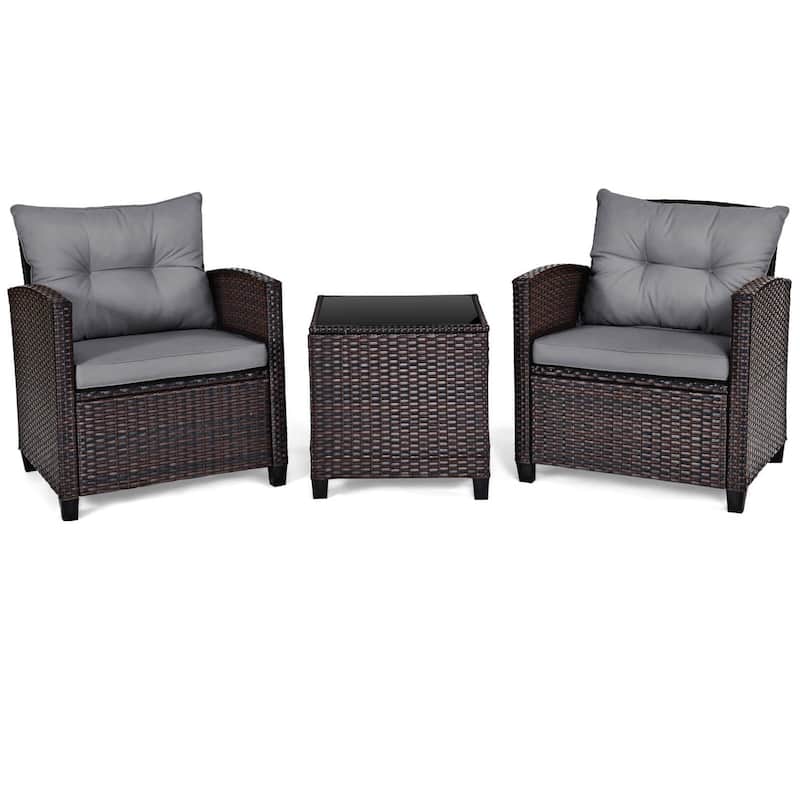 Outdoor 3-piece Cushioned Rattan Patio Furniture Conversation Set
