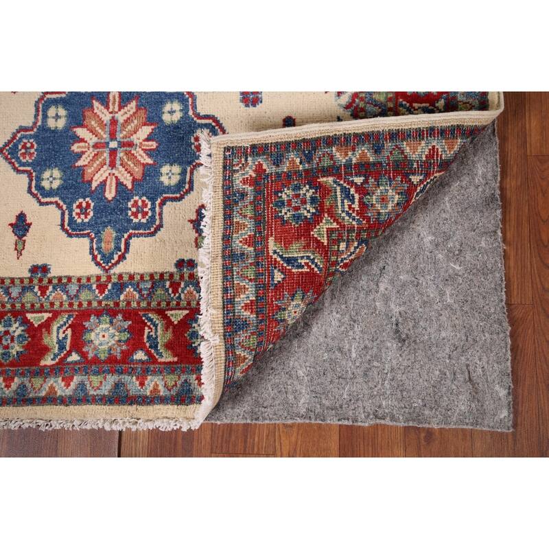 Ivory Geometric Kazak Accent Rug Handmade Wool Carpet - 3'4" x 4'10"