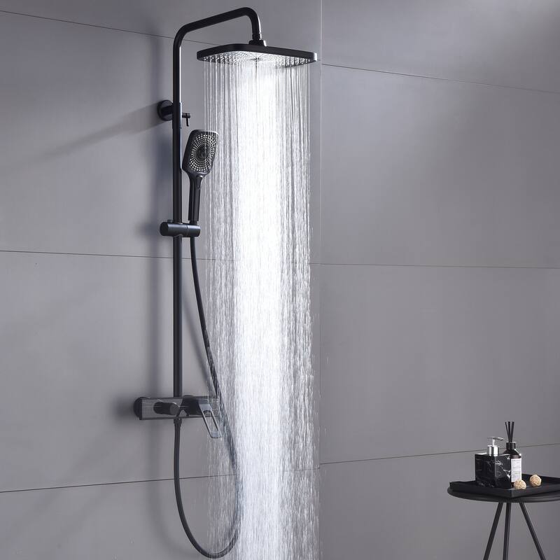 5-Way Wall Exposed Install 12'' Complete Rainfall Shower System with Handheld Showerhead & Faucet in Black / Gold - Matte Black