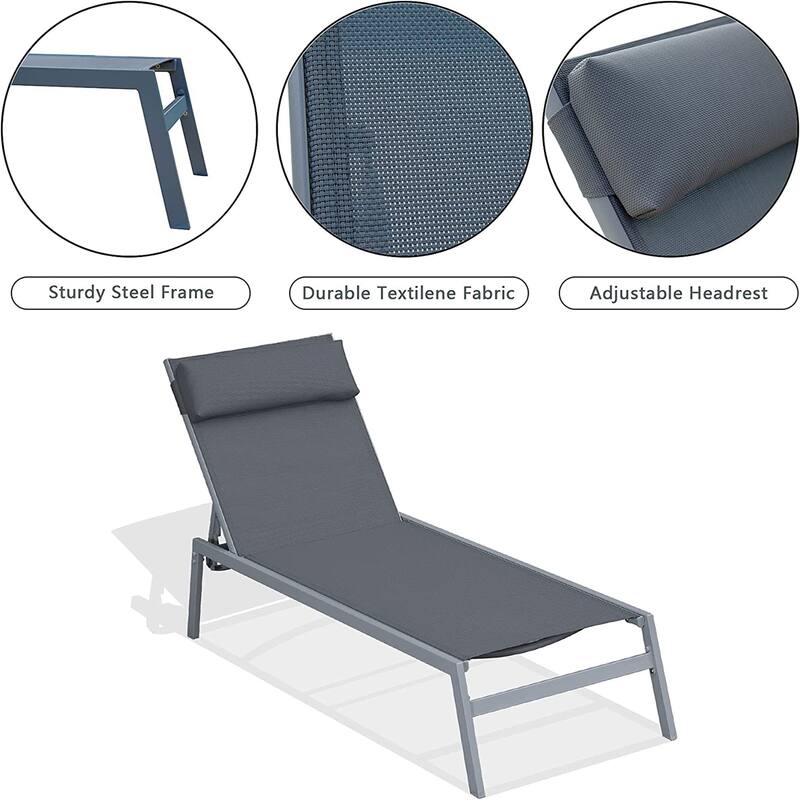 Patio Chaise Lounge Set, 3 Pieces Adjustable Backrest Pool Lounge Chairs Steel Textilene Sunbathing Recliner With Headrest