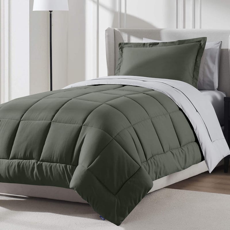 Emperyan Reversible Comforter Set Bed in a Bag with Cooling Pillow - Olive Green/Twin - Twin