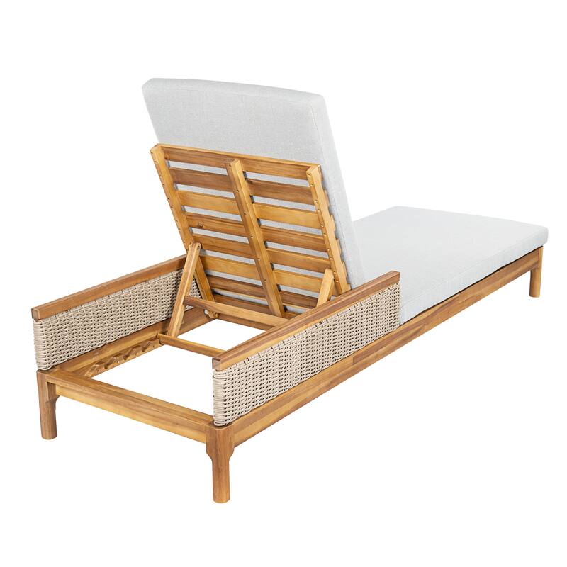 Christopher Knight Home - Solid Acacia Wood Outdoor Chaise Lounge with 4-Position Adjustable Backrest & Woven Rattan Accents