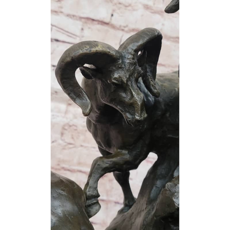 Dynamic Bronze Sculpture Of Rams On Rocky Outcrop – Wildlife Scene On Marble Base