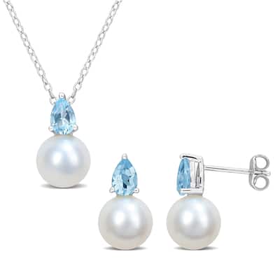 Miadora Cultured Freshwater Pearl 1 2/5ct TGW Sky Blue Topaz Jewelry Set Sterling Silver