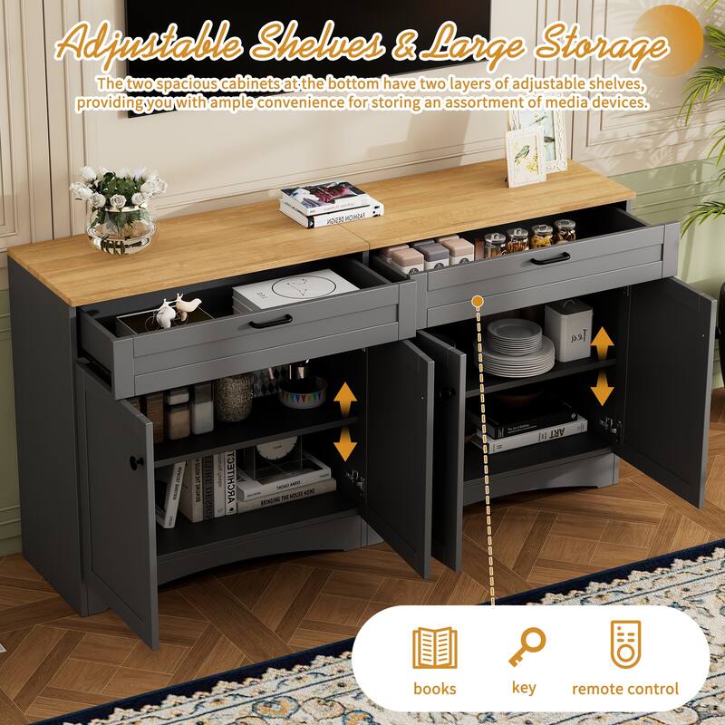 Large TV Stand Display Cabinet Set for TVs Up to 70", Wood Media Console Table Entertainment Center with Cabinet, 2 Drawers