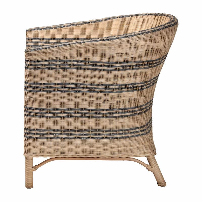 Elda Natural Rattan Accent Chair - Wicker Barrel-Back Chair with Two-Tone Woven Stripes and Cushion, Coastal Boho Style Seating