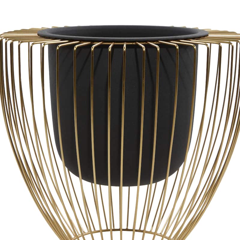 Metal Planter with Removable Gold Wire Stand - Set of 2 Black - Roche River Decor - 13"W x 13"L x 12"H