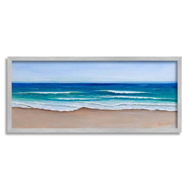 Stupell Vibrant Blue Beach Coast Ocean Shoreline Panoramic Painting Framed Wall Art - Brown - 30 x 13 - Grey