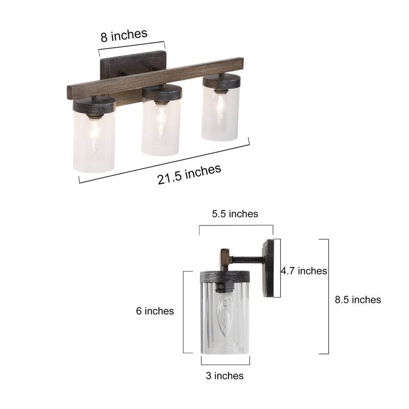 Fora Modern Farmhouse Glass 3-Light Bathroom Vanity Light Wood Grain Wall Sconce - Grey - L21.7'' * W5.5'' * H8.5''