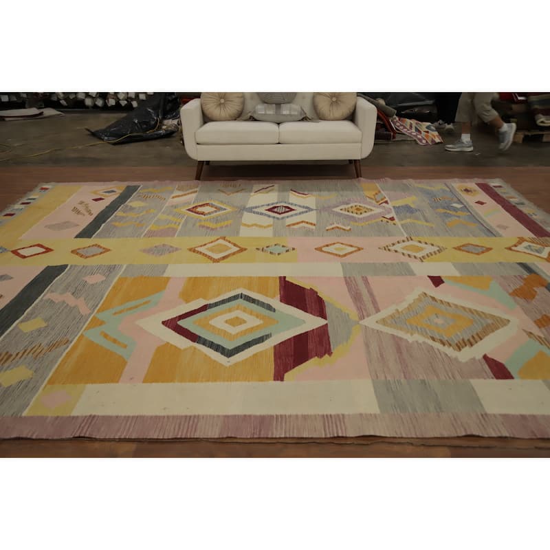 Hand Woven Oriental 100% Wool Carpet Southwestern Tribal Greys & Charcoal Kilim Area Rug - 12' 10'' X 10' 2''