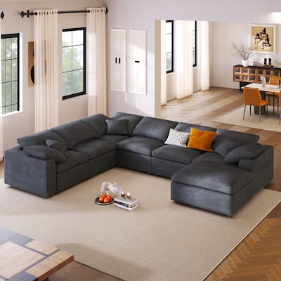 129.3'' L-Shaped 7-Seater Sectional with Ottoman and Pillow, Spacious Design for Living Room or Office Use