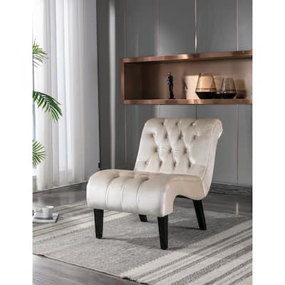 Velvet Lounge Accent Chair for Livingroom Tufted Backrest Armless Side Chair Upholstered Sleeper Chair w/ Wood Legs, Beige
