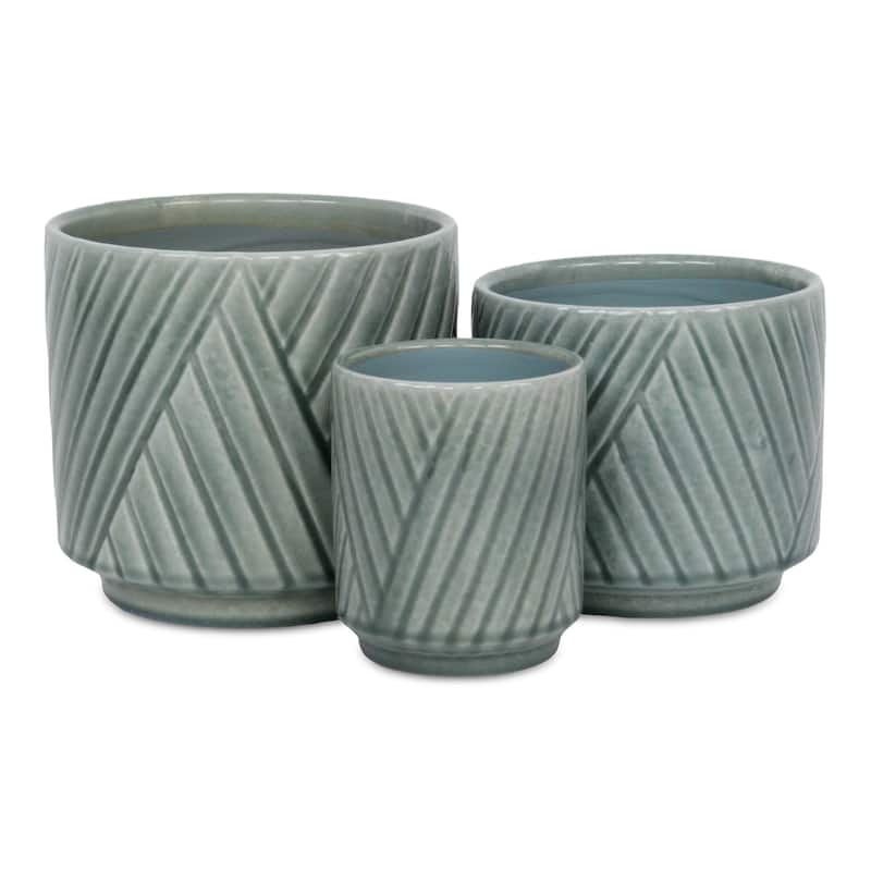 Parlora Crossed Diagonal Pattern Ceramic Pot - Green