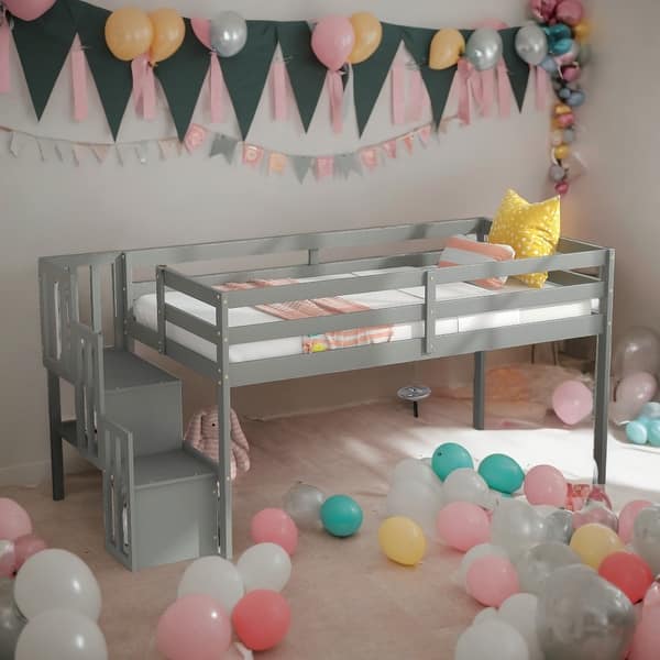 slide 2 of 10, Twin Size Loft Bed with 2 Storage Staircase and Guardrails, Grey Grey