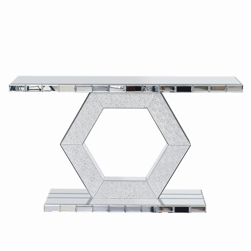Modern 55" Crystal Hexagon Mirror Console Table Entryway Foyer Decor with Diamond Glass Effects