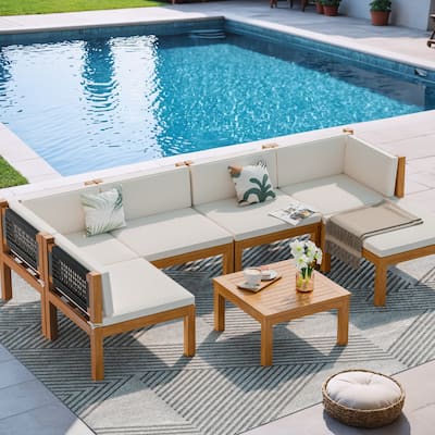 Furniwell 5/6/7-pieces Acacia Patio Furniture Set, Wooden Conversation Set,Outdoor Modular Design Sofa Set with Side Table