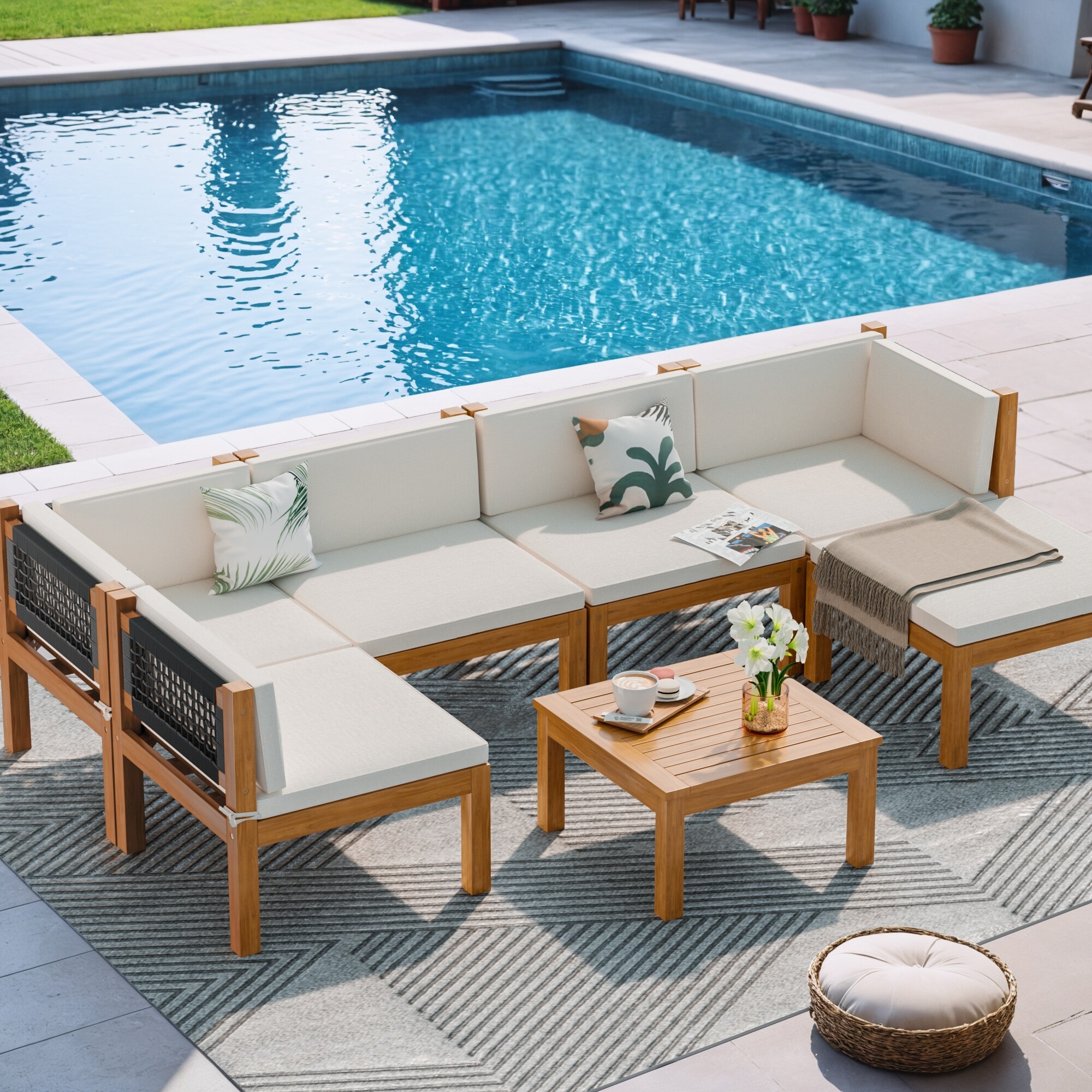 Furniwell 5 6 7 pieces Acacia Patio Furniture Set Wooden Conversation Set Outdoor Modular Design Sofa Set with Side Table