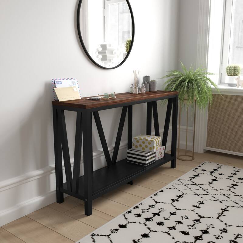 Farmhouse Style Rustic Entryway Console Table - Black/Walnut