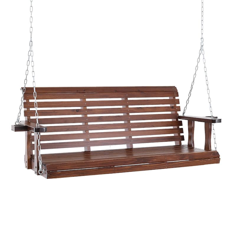 Carbonized Brown Cedar Swing with Steel Chains and Cup Holders - 67” L x 28” W x 23.6” H - Carbonized Brown 
