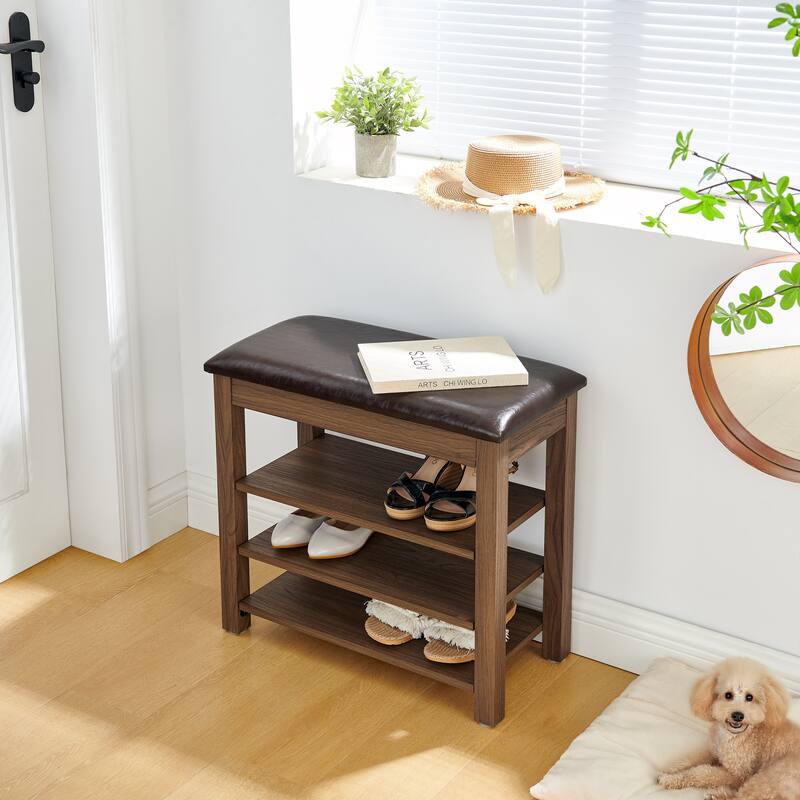 A height-adjustable shoe-changing bench with seat and concealed storage space,Natural rubber wood - Brown