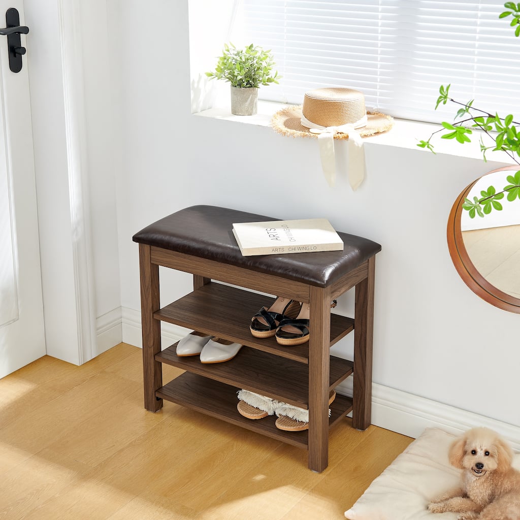 Height Adjustable Shoe Changing Bench High Quality Wood Comfortable Seat Brown Natural Rubberwood