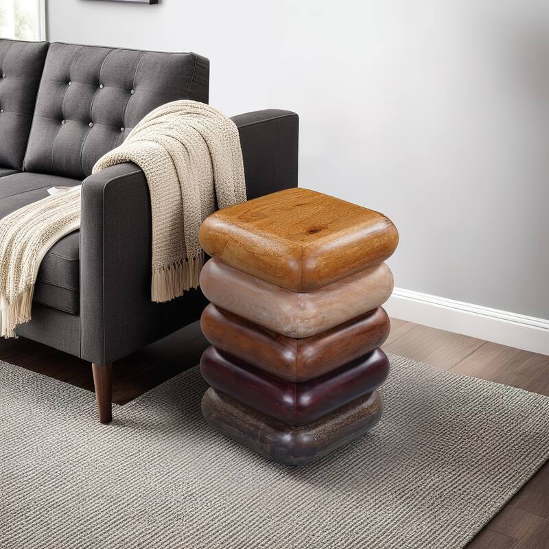 Zyra 18 Inch Side End Table, Sculptural Stacked Design, Mango and Acacia Wood Artisanship, Brown