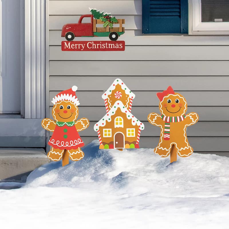 Glitzhome Set of 3 Christmas Wooden Gingerbread Man Yard Stake Garden Decorations