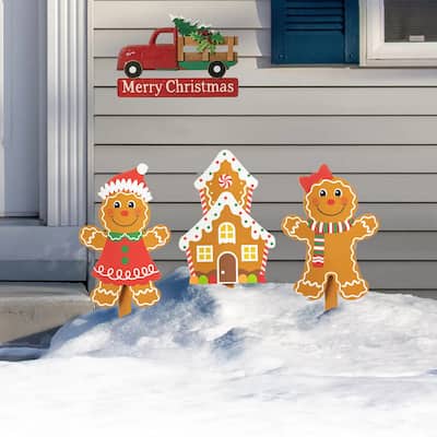 Glitzhome Set of 3 Christmas Wooden Gingerbread Man Yard Stake Garden Decorations