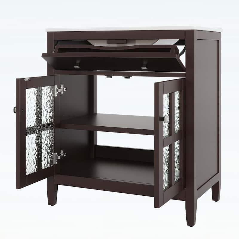 30-Inch Bathroom Vanity with Ceramic Sink,Adjustable Shelf,Tip-Out Tray,Wood Legs