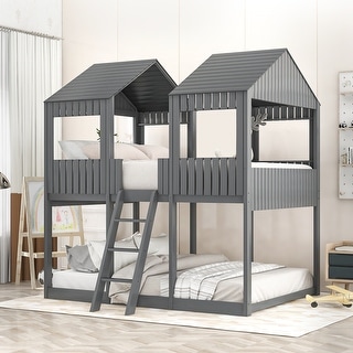 Gray Full over Full Wood Bunk Bed with Roof, Window, Guardrail, Ladder