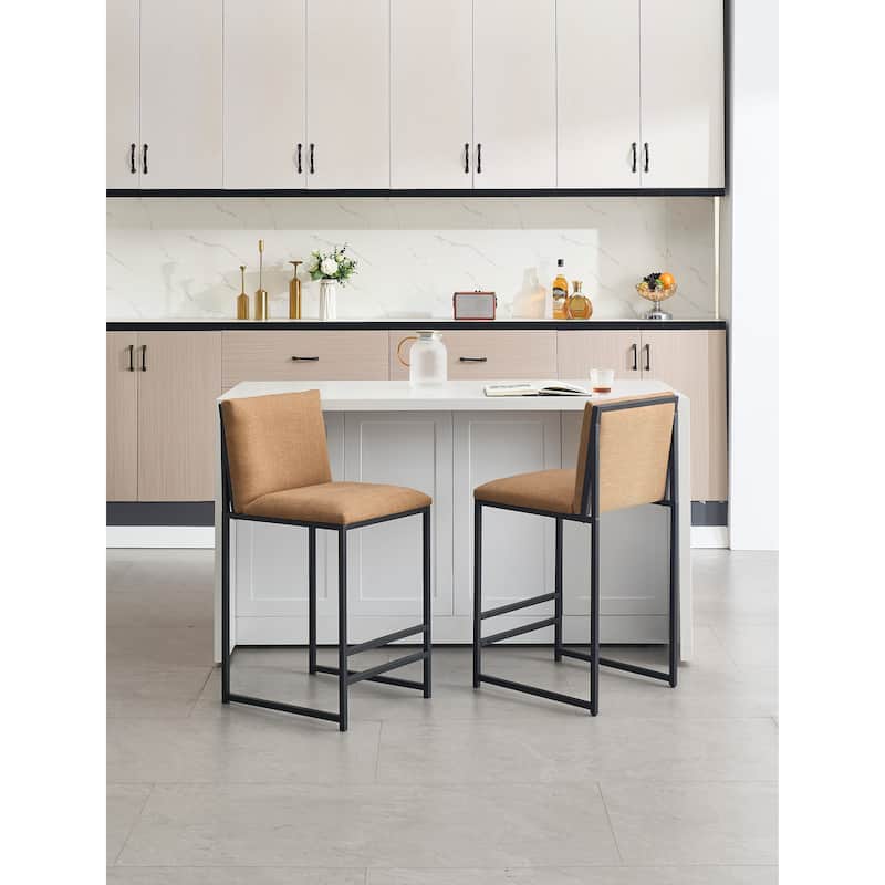 Counter Height Bar Stools Set of 2, Upholstered Linen Bar Chairs, Metal Footrest and Frame for Kitchen,Dining Room-IVORY