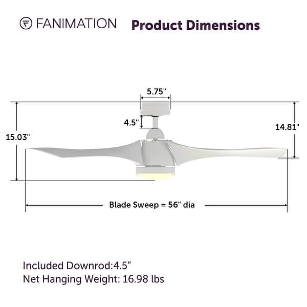 Fanimation Klear 56 inch Indoor/Outdoor Smart Ceiling Fan with LED CCT Select Light Kit and Remote - Matte White