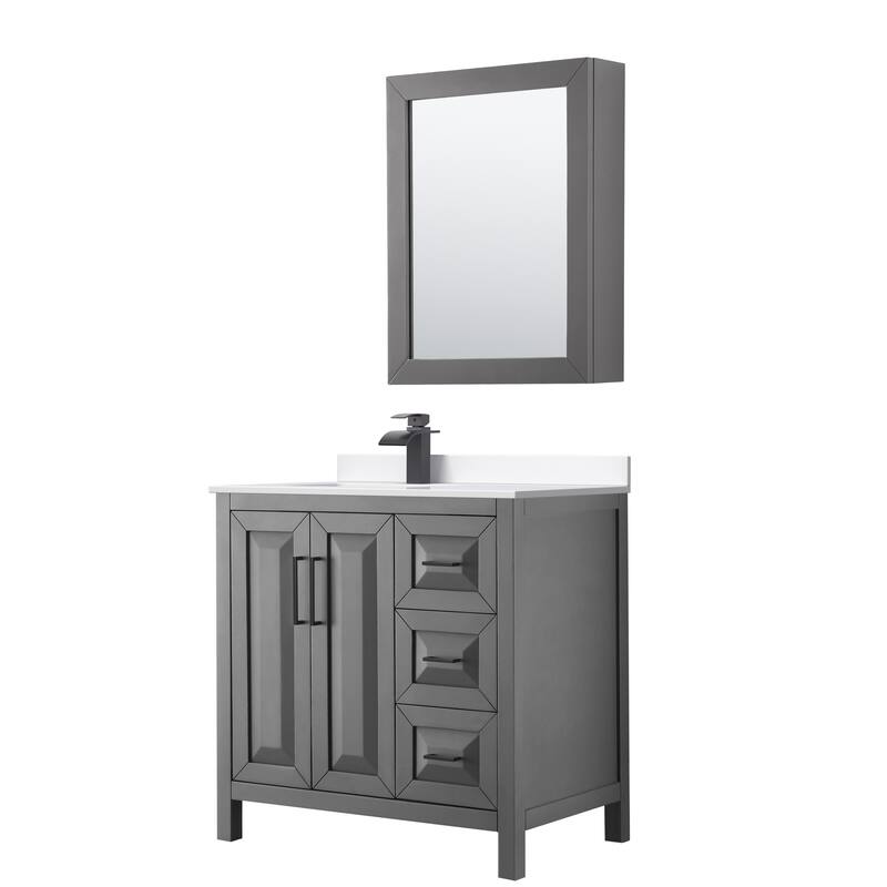 Daria 36-inch Single Vanity, Cultured Marble Top, Med Cabinet - Dark Gray, Black Trim, White Cultured Marble Top