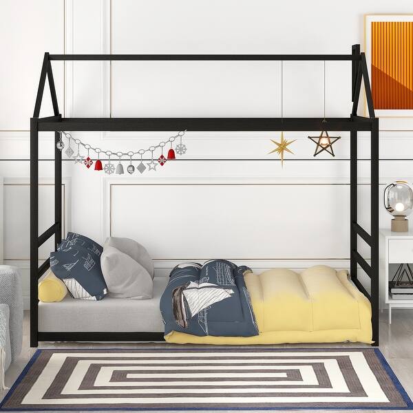 slide 2 of 22, Twin Size Metal House-Shaped Floor Bed with Roof and Chimney Design Black