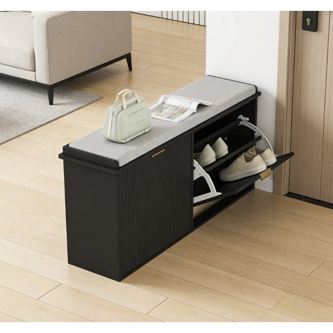 Entryway Storage Bench with Cushioned Seat and 2 Flip Up Shoe Cabinets