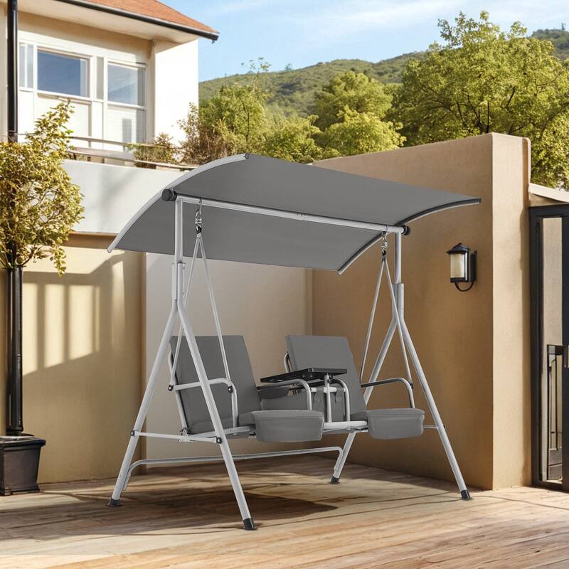 Outdoor Swing with Stand, Canopy, Pivot Table & 2 Cup Holders - Patio, Balcony, Bedroom