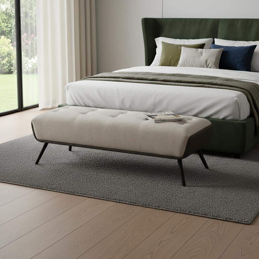HomeRoots 58" Beige Dark Gray and Black Tufted Faux Leather Fabric and Steel Upholstered Bench