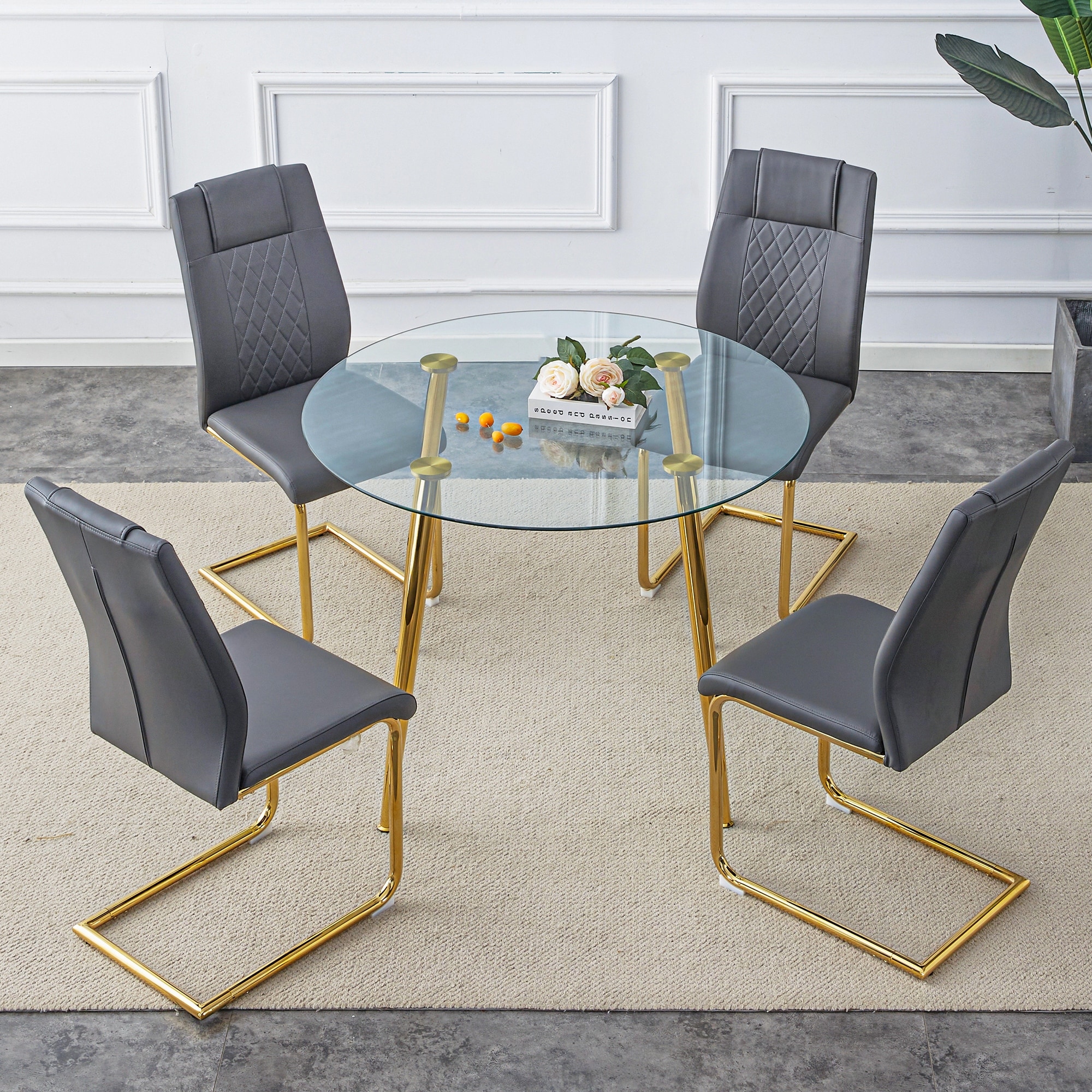 Modern 5-Piece Dining Table Set with Round Tempered Glass Top and 4 PU Upholstered Chairs