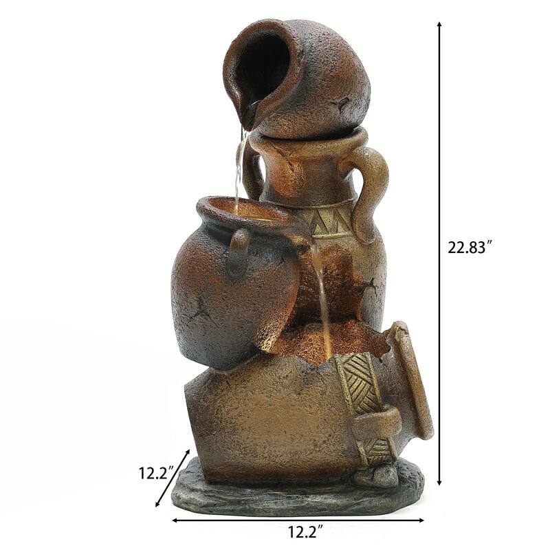 Brown Urns Resin Outdoor Fountain with LED Lights