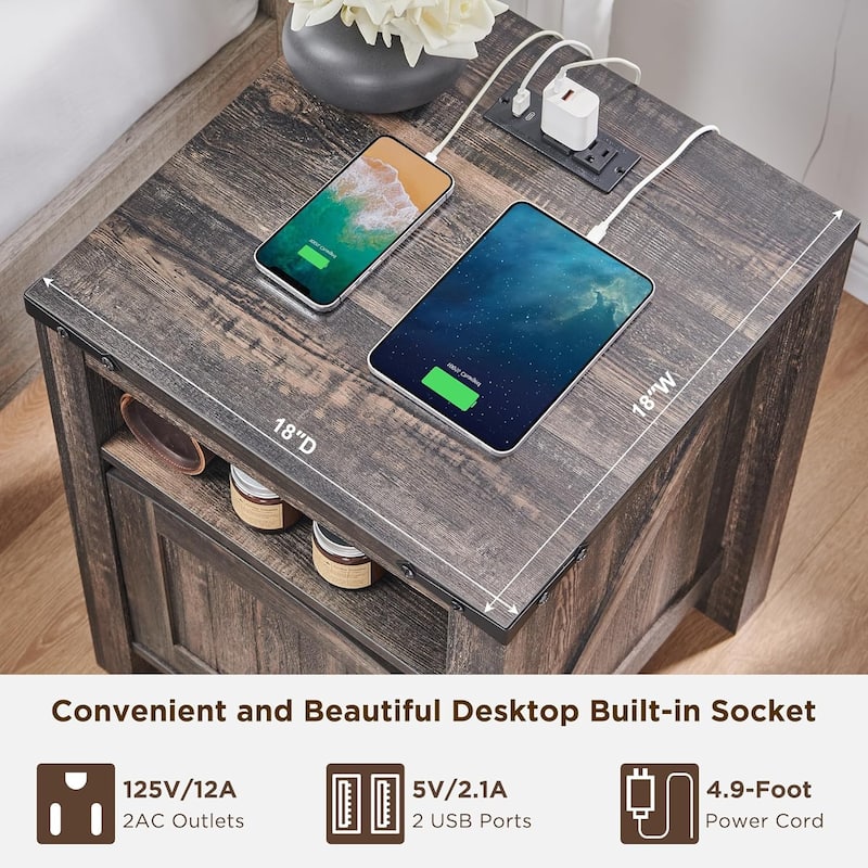 Farmhouse Nightstand with Charging Station, Wood End Table, Side Table