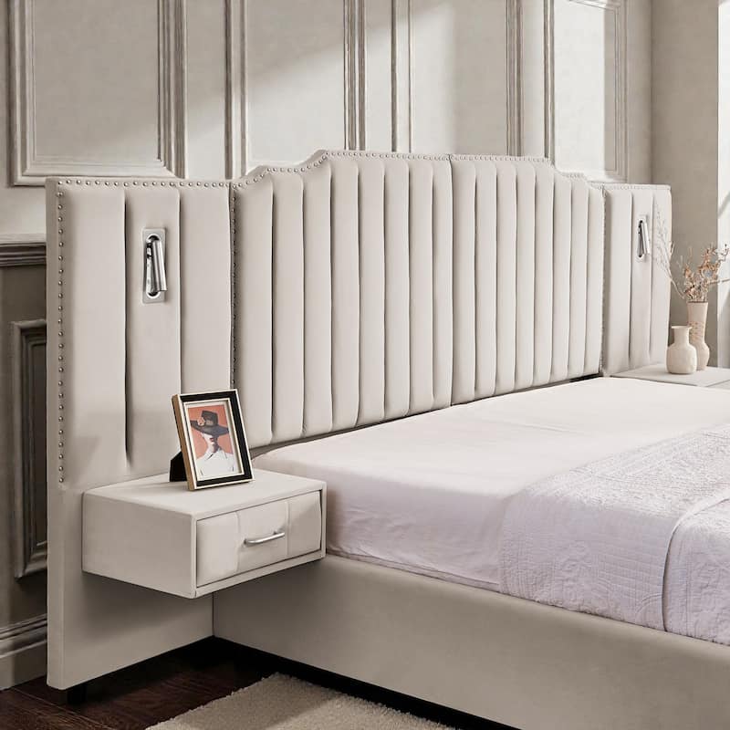 Modern Upholstered Bed Frame with Velvet Headboard, Vertical Channel Button Design, Integrated Nightstand, Platform Support
