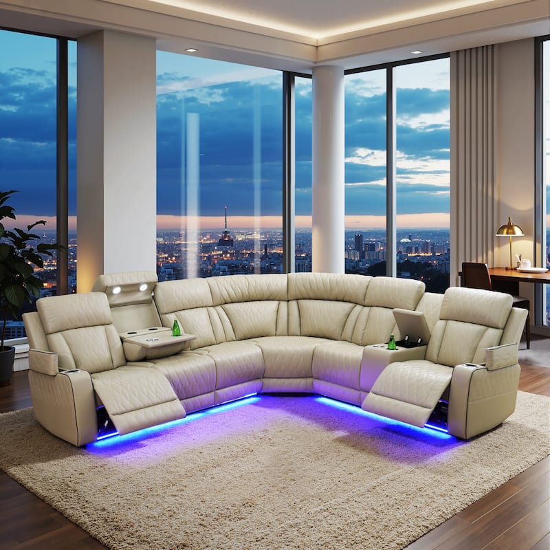 Beige 3-Piece Breathing Leather Living Room Recliner Sofa set - Beige