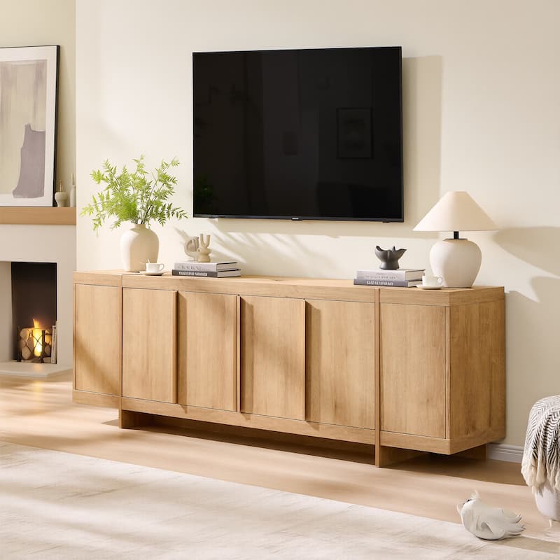 Modern 70" TV Stand, Entertainment Center, Handle-Free Hidden Design - Natural Oak