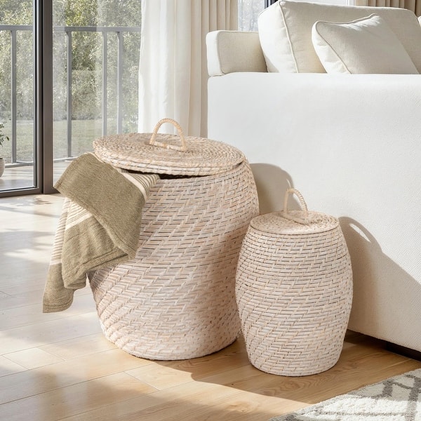 slide 2 of 11, Hand-Woven Rattan Wicker Storage Baskets with Lids, Set of 2 White