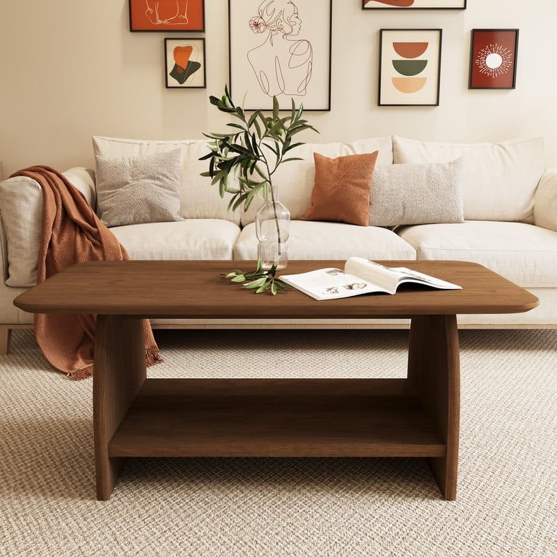 47-inch Modern Minimalist Coffee Table with Storage, Double-Layer Rectangular Design for Living Room