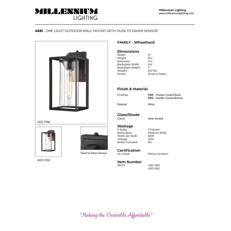 Millennium Lighting Wheatland Outdoor Wall Sconce in Multiple Finishes