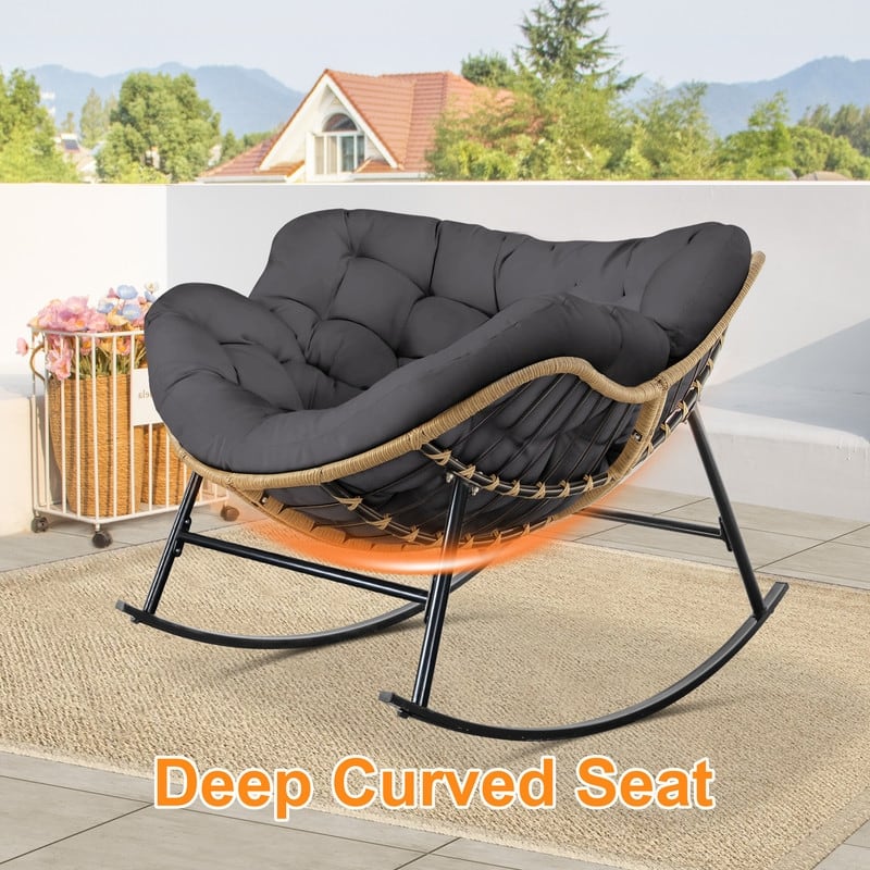 Oversized Indoor Outdoor Royal Papasan Rocking Chair, Patio Egg Rocker with Cushions, 450 lb Capacity