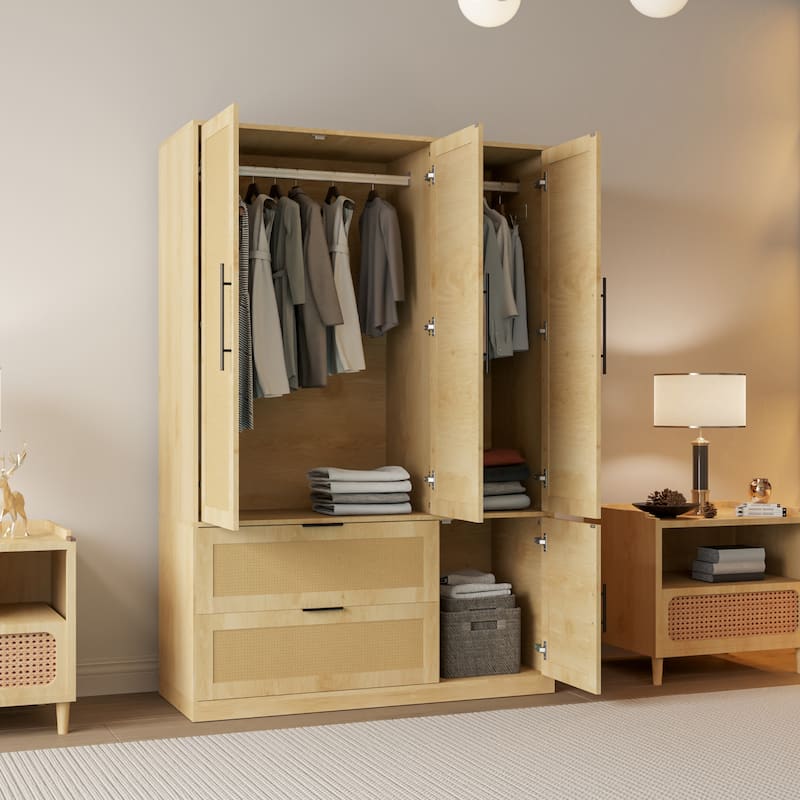 47"W Family 4-Door Wardrobe Armoires Closet 2 Drawer Storage Rattan Style - N/A